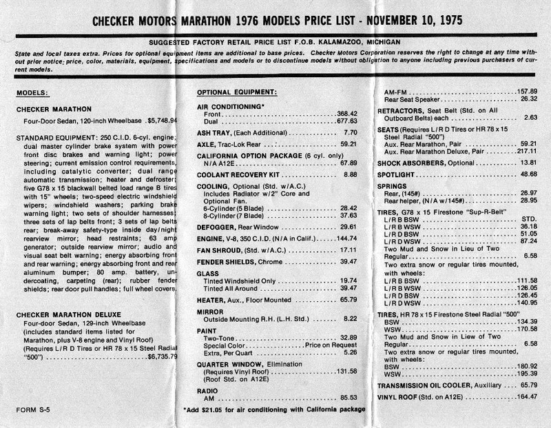 1976 Checker Marathon Price List